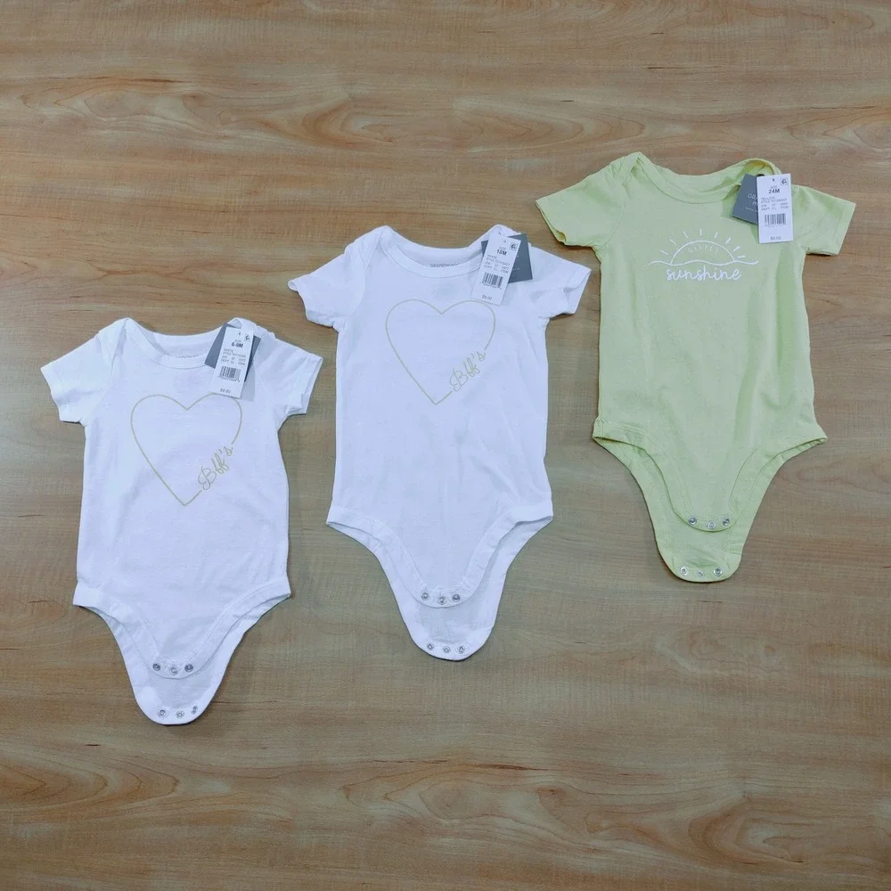 Grayson Mini Baby Bodysuit Bundle 3pk White Yellow‎ Heart Sunshine 6-9M 18M 24M